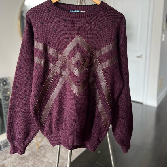 Vintage Men's Maroon Sweater by Signor Angelo - Italian, Leather Detail - Picture 1 of 6